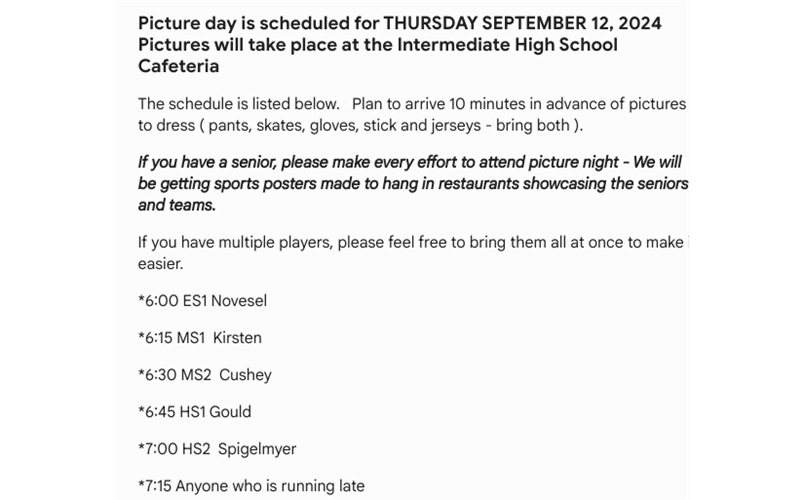 Picture Day Schedule